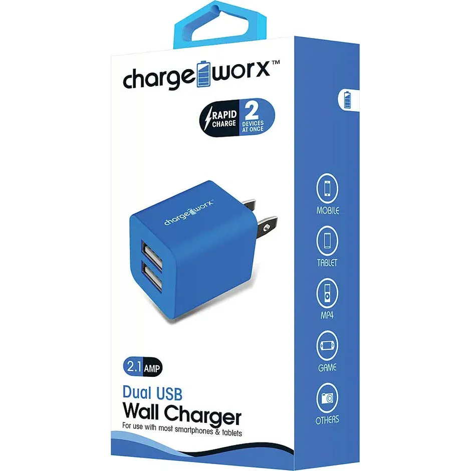 CHARGEWORX - 2.1A Dual USB Wall Charger – Blue