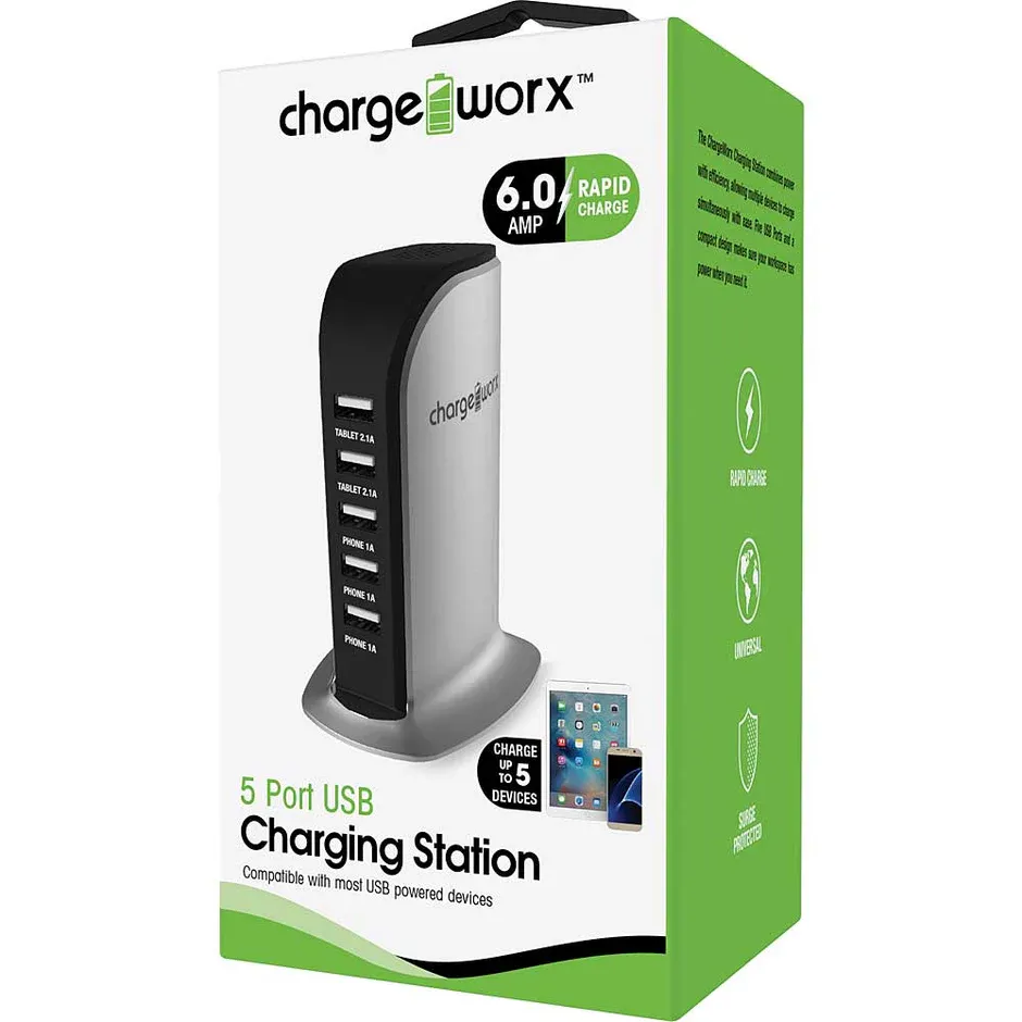 CHARGEWORX - 5 Port USB Desktop Charging Station – Black
