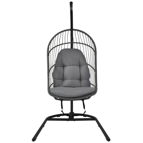 COSTWAY – Hanging Wicker Egg Chair with Stand and Cushion – Gray COSTWAY – Hanging Wicker Egg Chair with Stand and Cushion – Gray