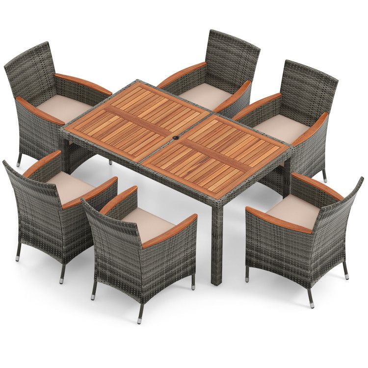 COSTWAY – 7 Pieces Patio Acacia Wood Cushioned Rattan Wicker Dining Set