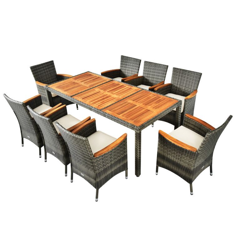 COSTWAY – 9-Piece Patio Rattan Dining Set with Stackable Chairs Cushioned and Acacia Wood Table Top – Brown/Beige