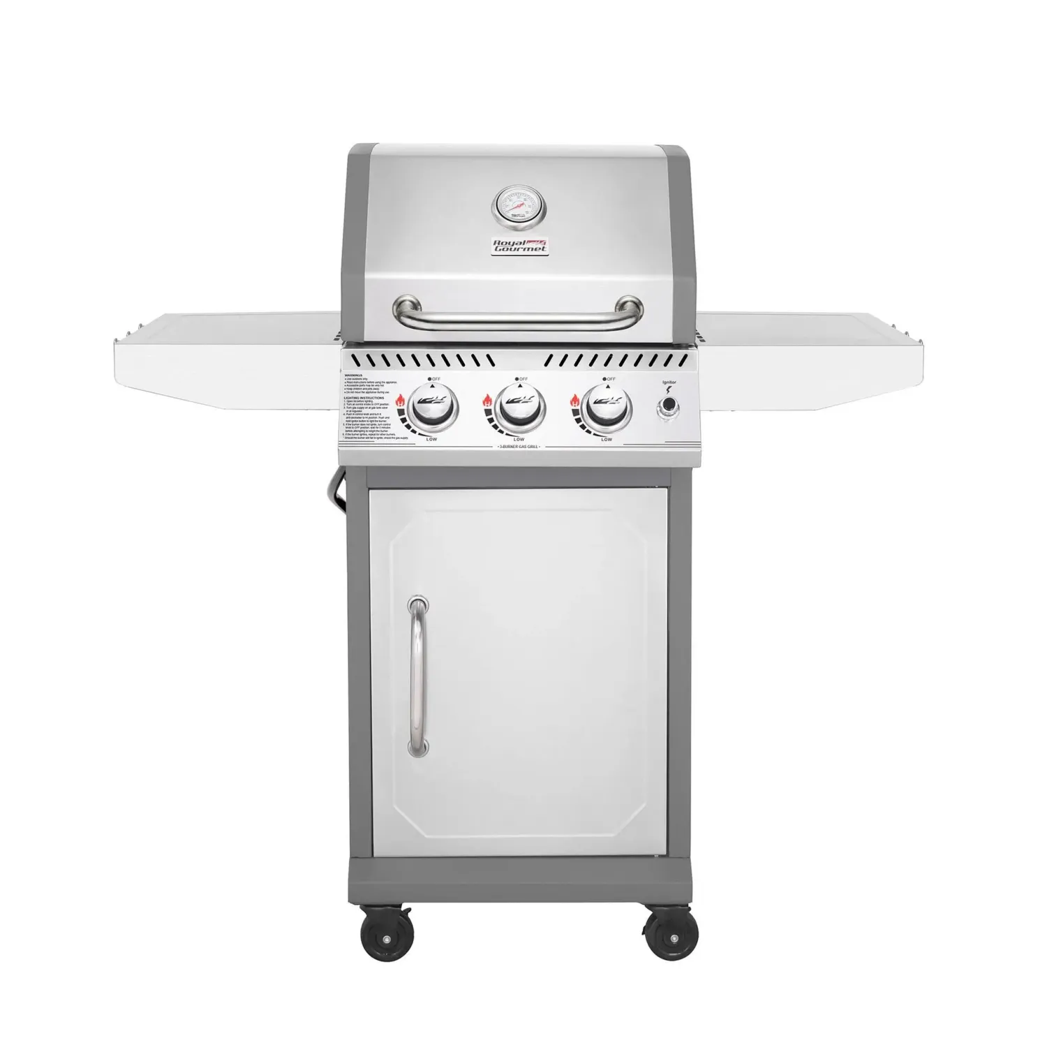 ROYAL GOURMET – 3-Burner Propane Gas Grill 25,500 BTU Cabinet Style with Side Tables – Silver