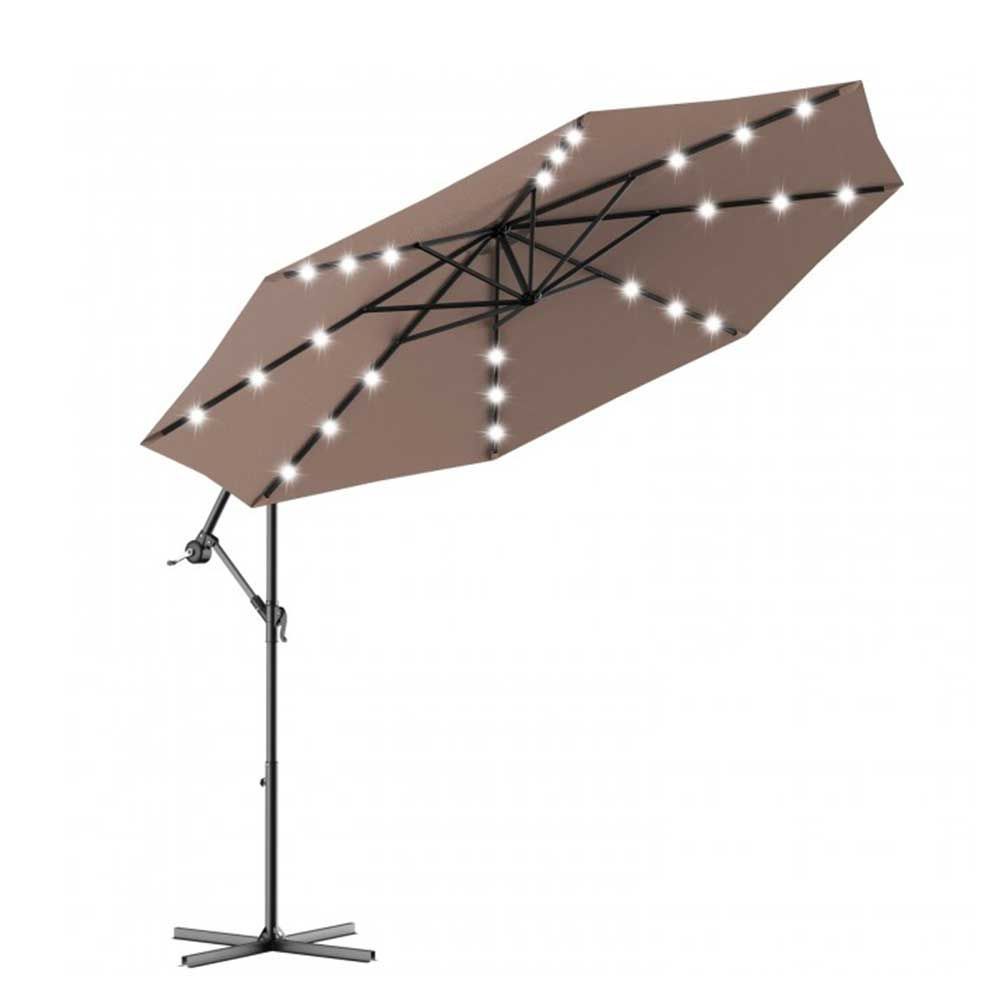 COSTWAY – 10 Ft Hanging Cantilever Solar LED Patio Umbrella with Cross Base - Tan