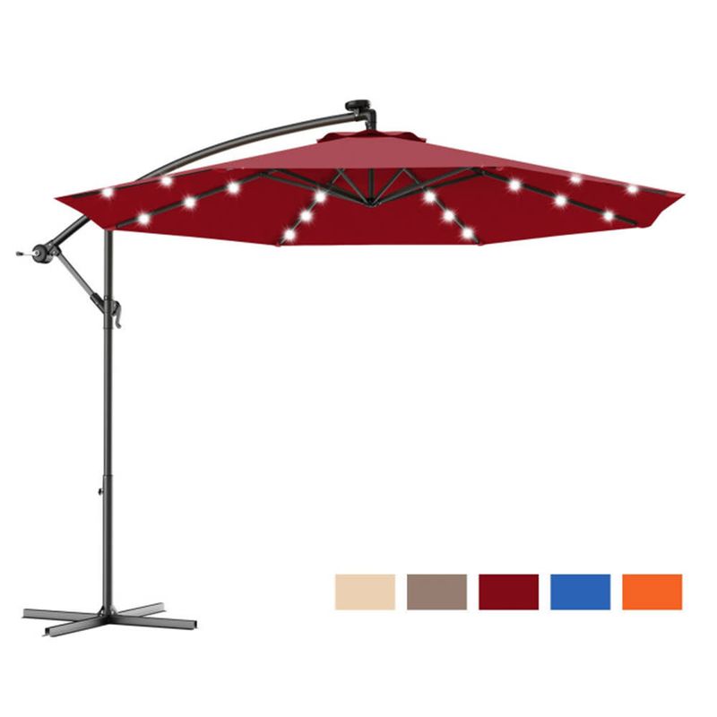 Costway – 10-Foot Hanging Solar LED Patio Umbrella with Cross Base – Dark Red