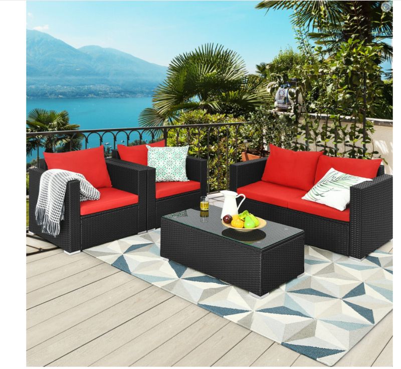 COSTWAY – 4‑Piece Patio Rattan Conversation Set with Padded Cushions – Red