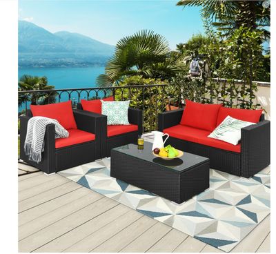 COSTWAY – 4‑Piece Patio Rattan Conversation Set with Padded Cushions – Red