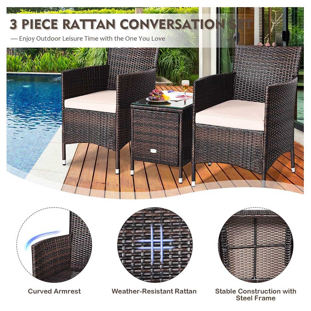 COSTWAY – 3-Piece Patio Rattan Furniture Set with Cushions – White