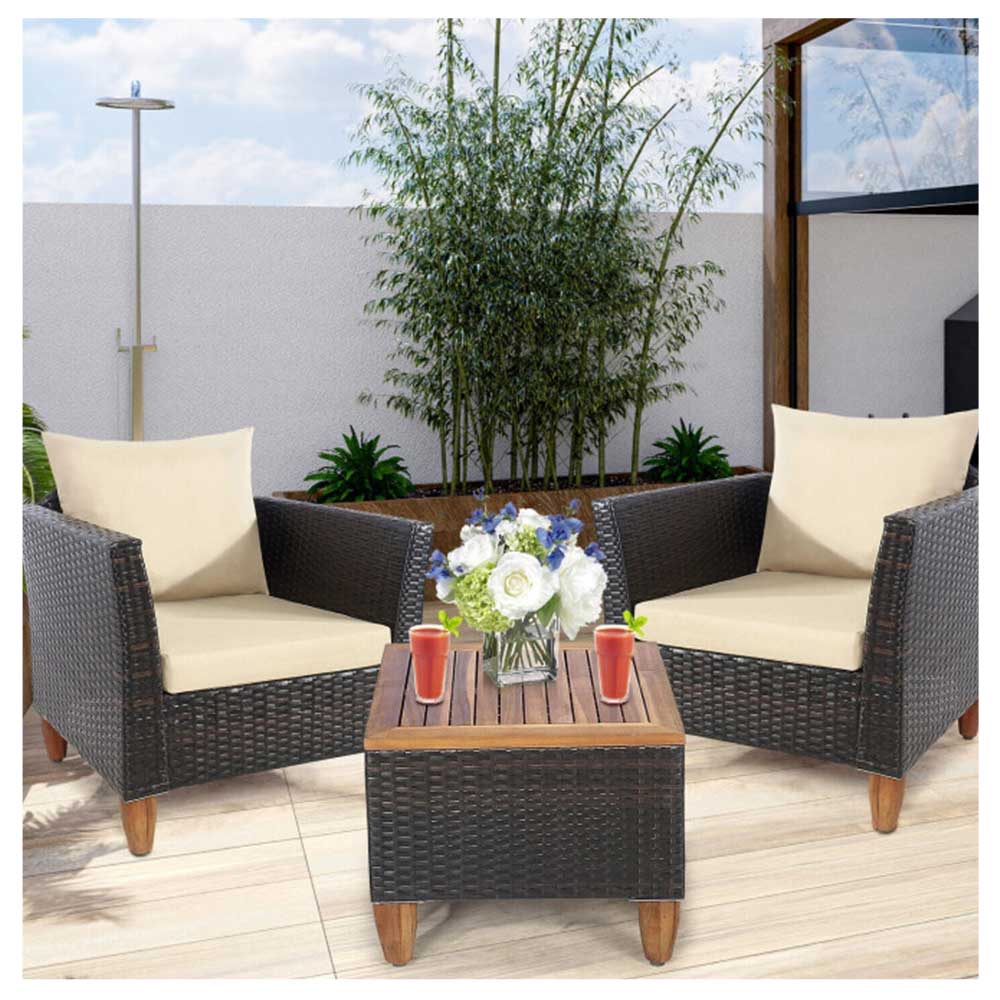 COSTWAY – 3-Piece Patio Rattan Bistro Set Beige Cushion – Brown