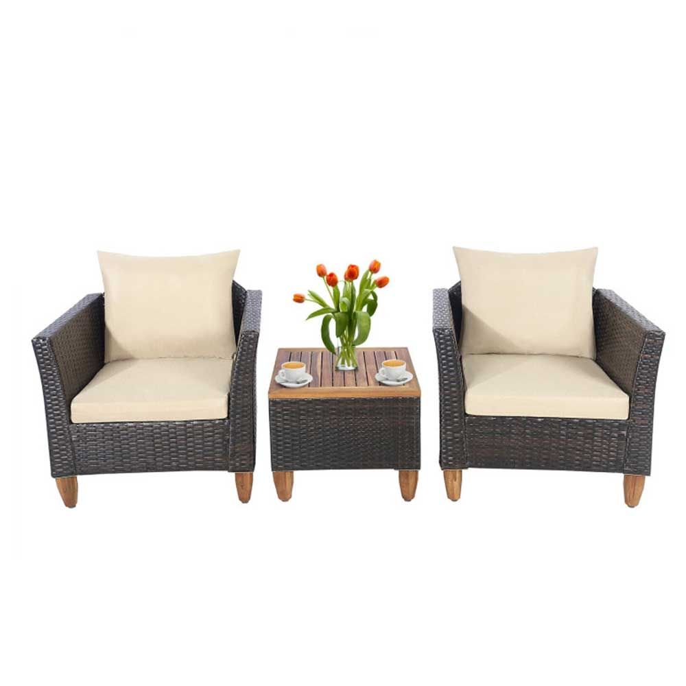 COSTWAY – 3-Piece Patio Rattan Bistro Set Beige Cushion – Brown