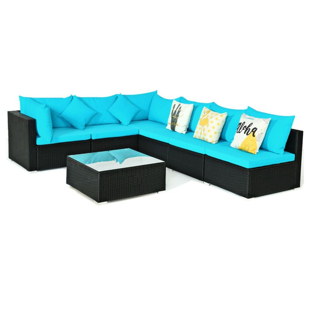 COSTWAY – 7-Piece Sectional Wicker Sofa Set with Glass Table – Turquoise