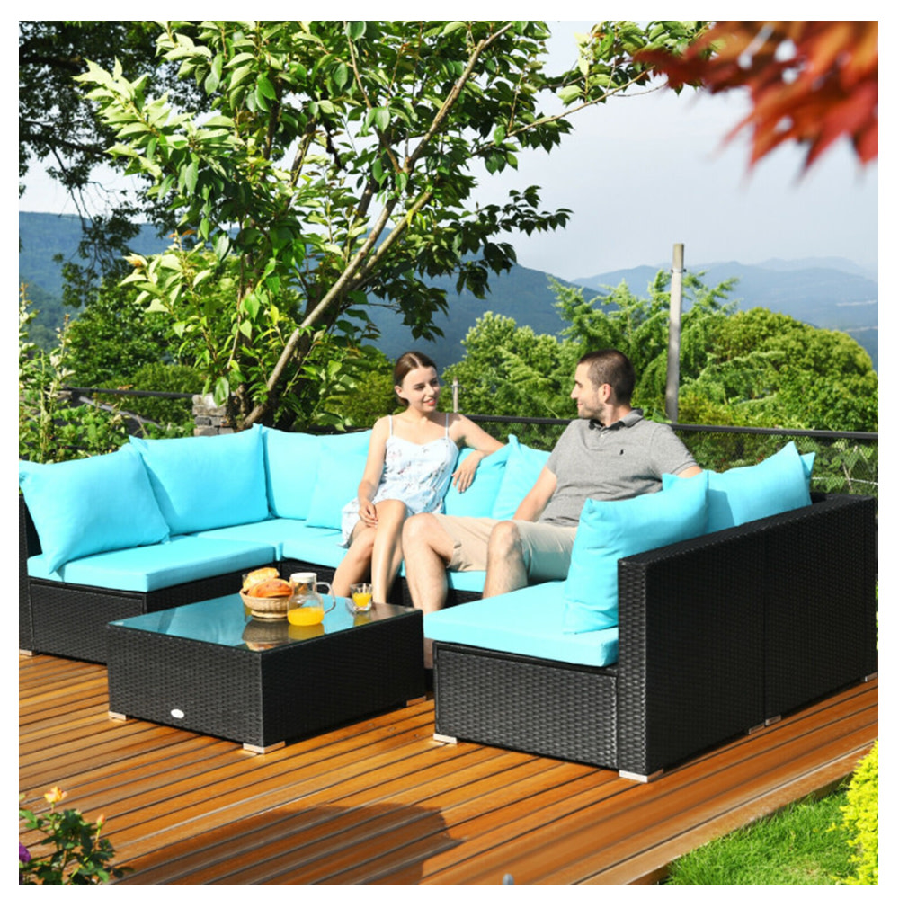 COSTWAY – 7-Piece Sectional Wicker Sofa Set with Glass Table – Turquoise