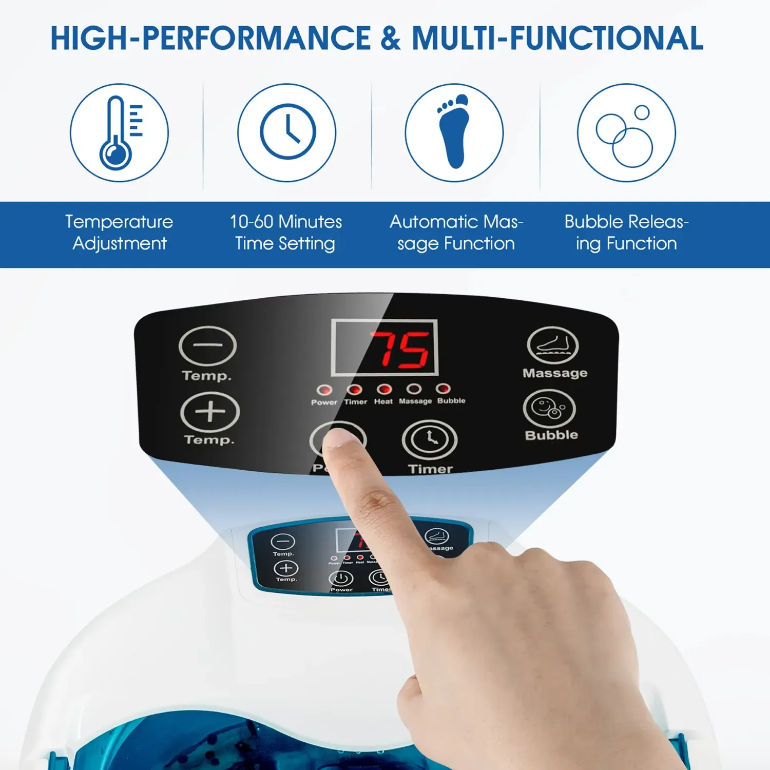 COSTWAY – Foot Spa Tub with Heat, Bubbles & Electric Massage Rollers – Blue