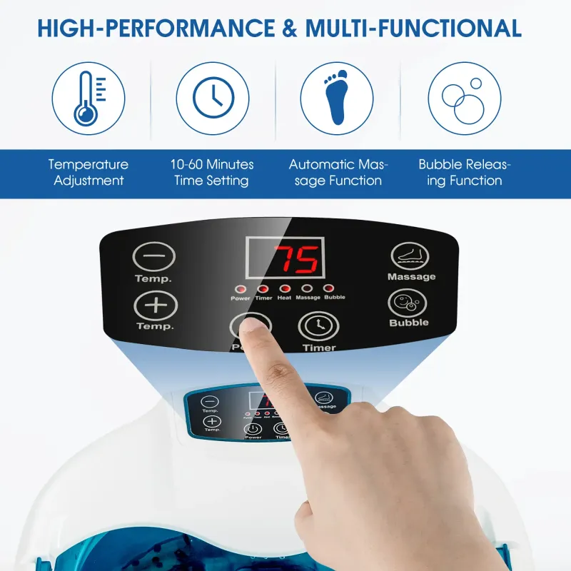 COSTWAY – Foot Spa Tub with Heat, Bubbles & Electric Massage Rollers – Blue