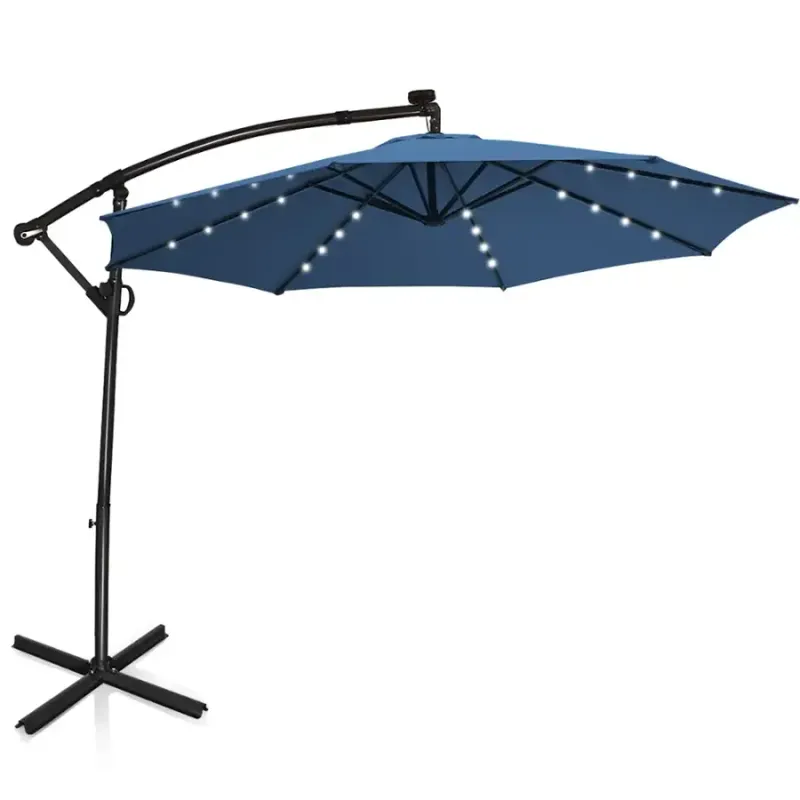 COSTWAY – 10 ft Metal Cantilever Solar Powered Patio Umbrella with 32 LED Lights – Blue