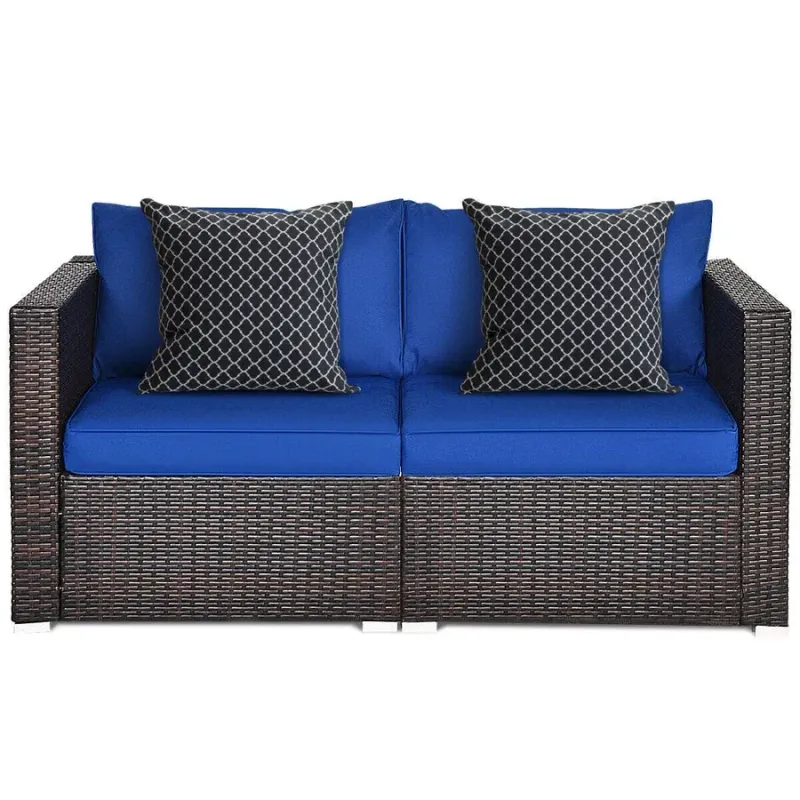 COSTWAY – 2-Piece Patio Rattan Sectional Conversation Sofa Set – Navy