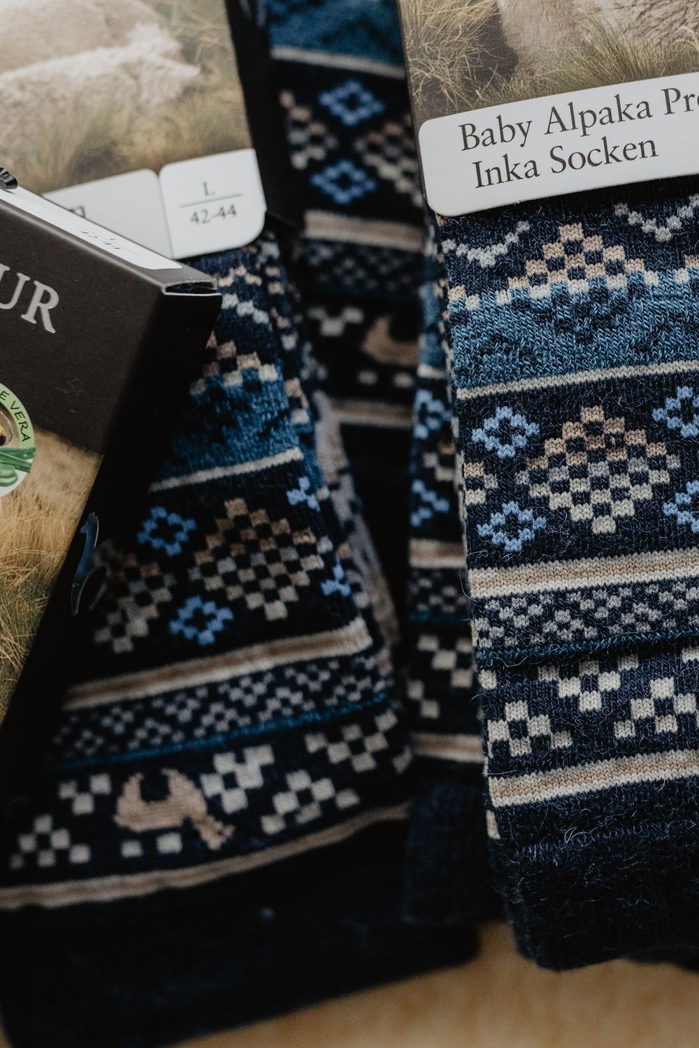 Baby Alpaka Premium Inka Socken - Farbe: blau-sand - Gr. 36-38