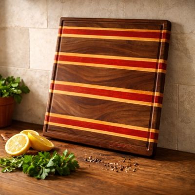 This handcrafted cutting board is built from a striking combination of Black Walnut, Padauk, and Cherry hardwoods.