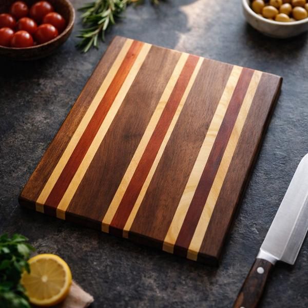Black Walnut, Padauk and Maple cutting board with framed stripe design.