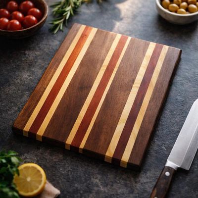 Black Walnut, Padauk and Maple cutting board with framed stripe design.