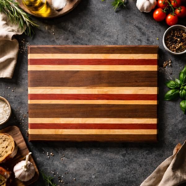 Black Walnut, Maple & Padauk Hardwood Cutting Board – Framed Stripe Design Black Walnut, Padauk and Maple cutting board with framed stripe design.
