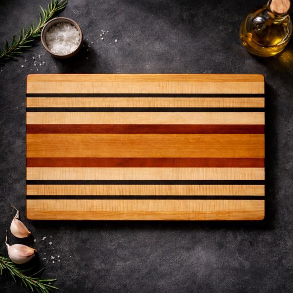 Mahogany, Ribbon Maple, Padauk, and Wenge hardwood cutting board by Northern Rustic Wood.