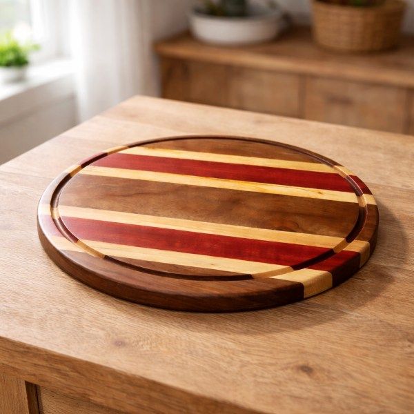 Round Purpleheart, Black Walnut &amp; Maple Hardwood Cutting Board