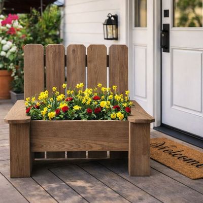 Handcrafted Rustic Chair Planters Rustic wooden chair planter filled with yellow and red flowers on a farmhouse front porch