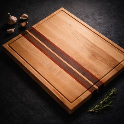 Maple Cutting Board with Padauk & Walnut Accent Stripes – Can be Custom Engraved Solid maple hardwood cutting board with padauk and walnut accent stripes, customizable with engraved name or message.