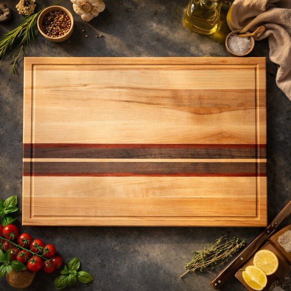 Handcrafted maple cutting board featuring contrasting padauk and walnut stripes, available for custom engraving.