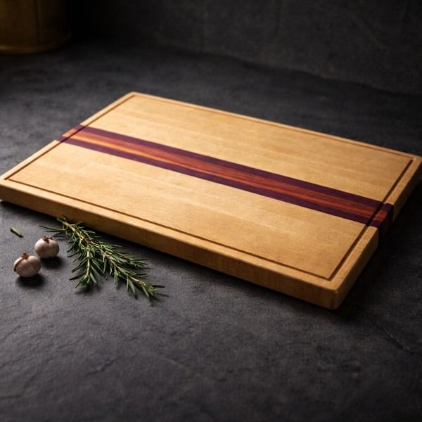 Large maple kitchen cutting board with contrasting Purpleheart and Padauk center inlay stripes.