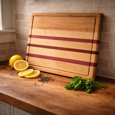 Handmade maple cutting board with purpleheart and padauk accent stripes and juice groove