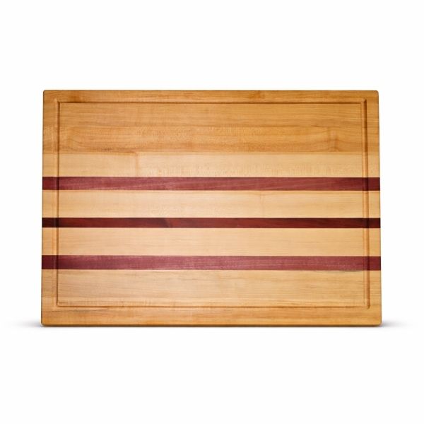 Maple cutting board with offset purpleheart and padauk accent stripes and juice groove