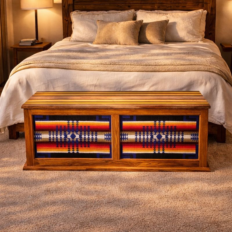 Custom Hardwood Blanket Chest with Pendleton-Style Textile Inlays Handcrafted hardwood blanket chest with bold Pendleton-style textile inlays by Northern Rustic Wood.