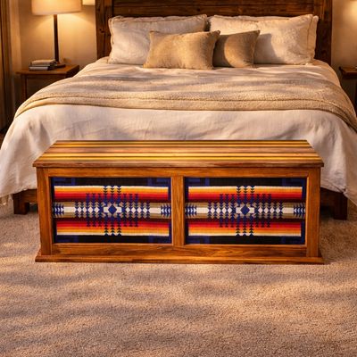 Handcrafted hardwood blanket chest with bold Pendleton-style textile inlays by Northern Rustic Wood.