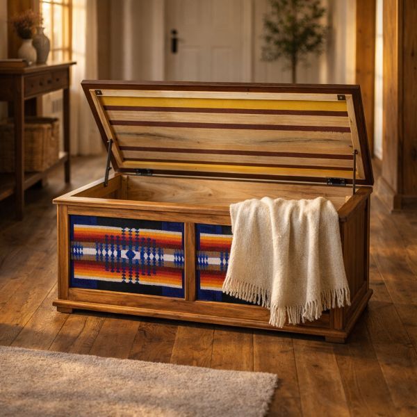 Solid hardwood blanket chest with red and navy Pendleton-style textile panels by Northern Rustic Wood.