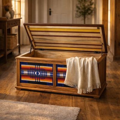 Solid hardwood blanket chest with red and navy Pendleton-style textile panels by Northern Rustic Wood.