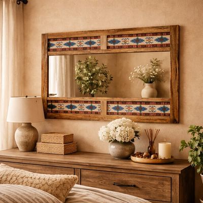 Handcrafted Rustic Textile Inlay Wall Mirror