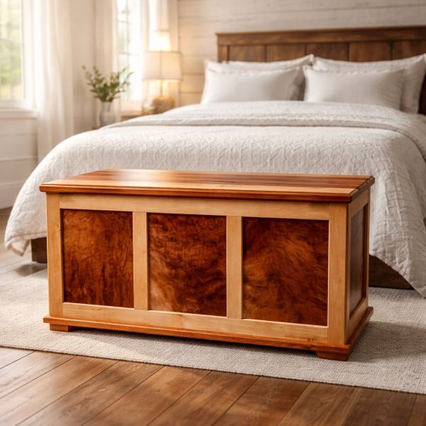 Handcrafted hardwood blanket chest with genuine cowhide leather panels by Northern Rustic Wood.