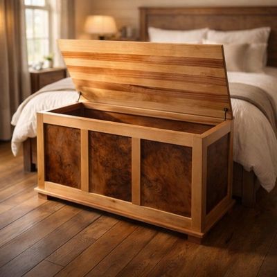 Custom Hardwood Blanket Chest with Cowhide Leather Panels Handcrafted hardwood blanket chest with genuine cowhide leather panels by Northern Rustic Wood.