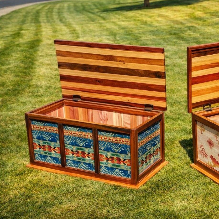 Handcrafted hardwood blanket chest with wraparound textile inlays and striped lid by Northern Rustic Wood.