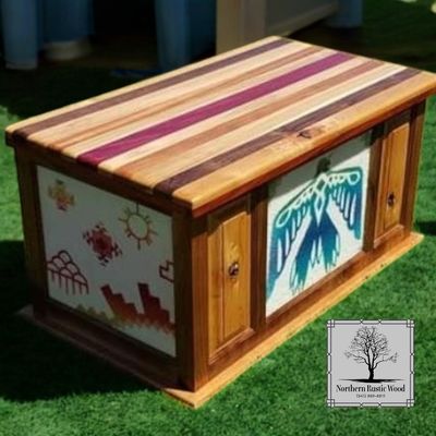 Hardwood blanket chest with Thunderbird-inspired panel by Northern Rustic Wood.