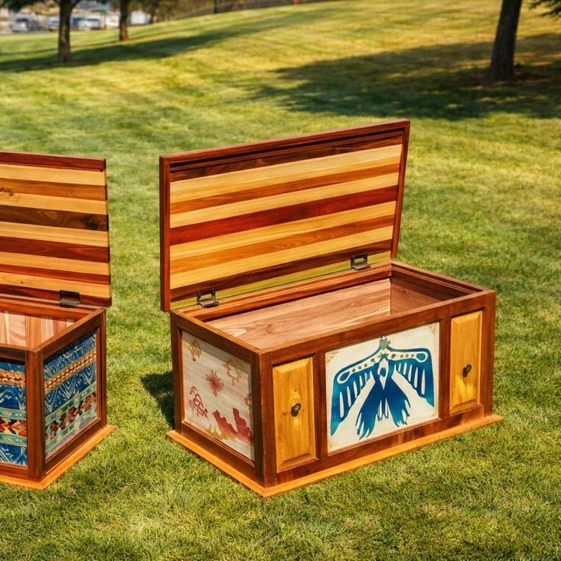 Custom hardwood blanket chest with Thunderbird-inspired design and exotic hardwood lid.
