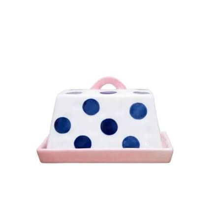 Butter Dish Pink & Navy Spots