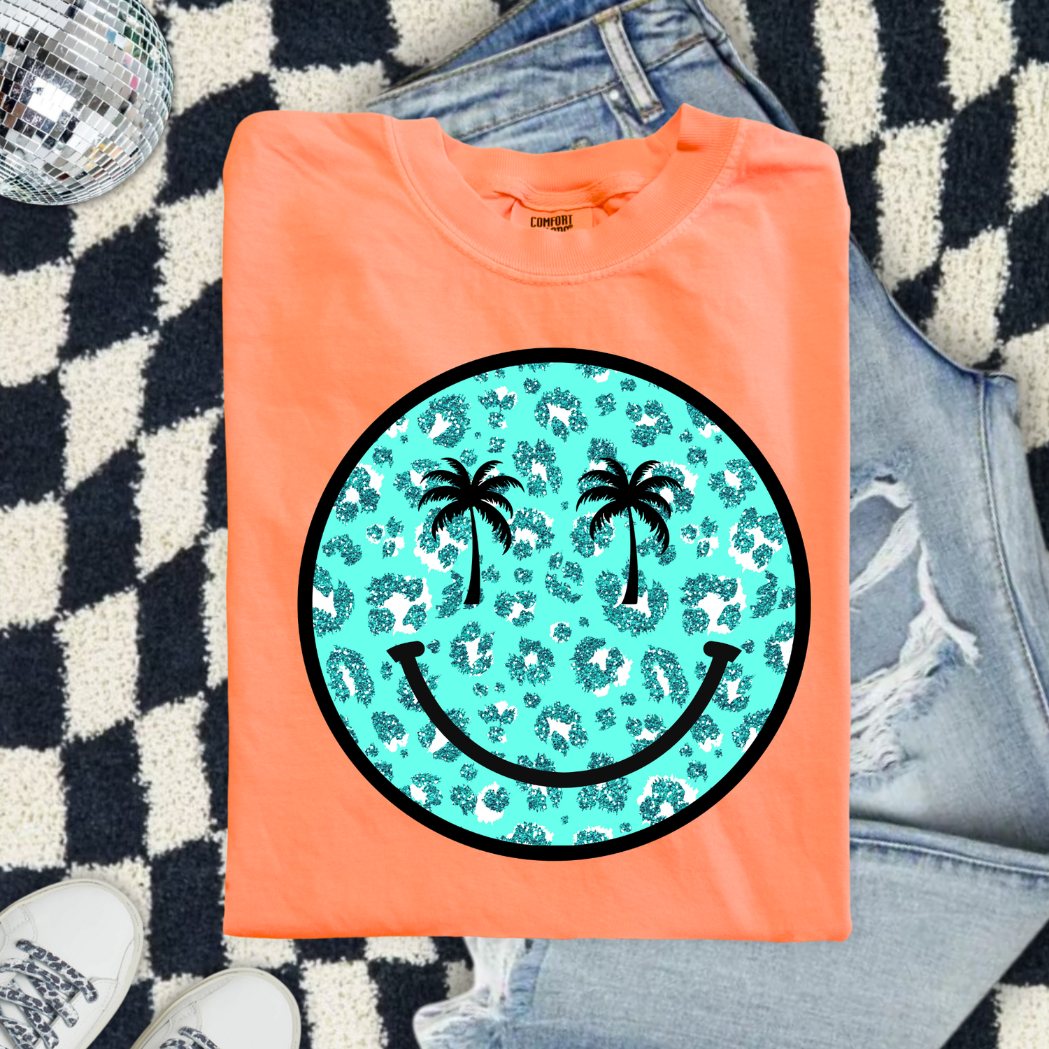 Teal Leopard Palm Smiley Face