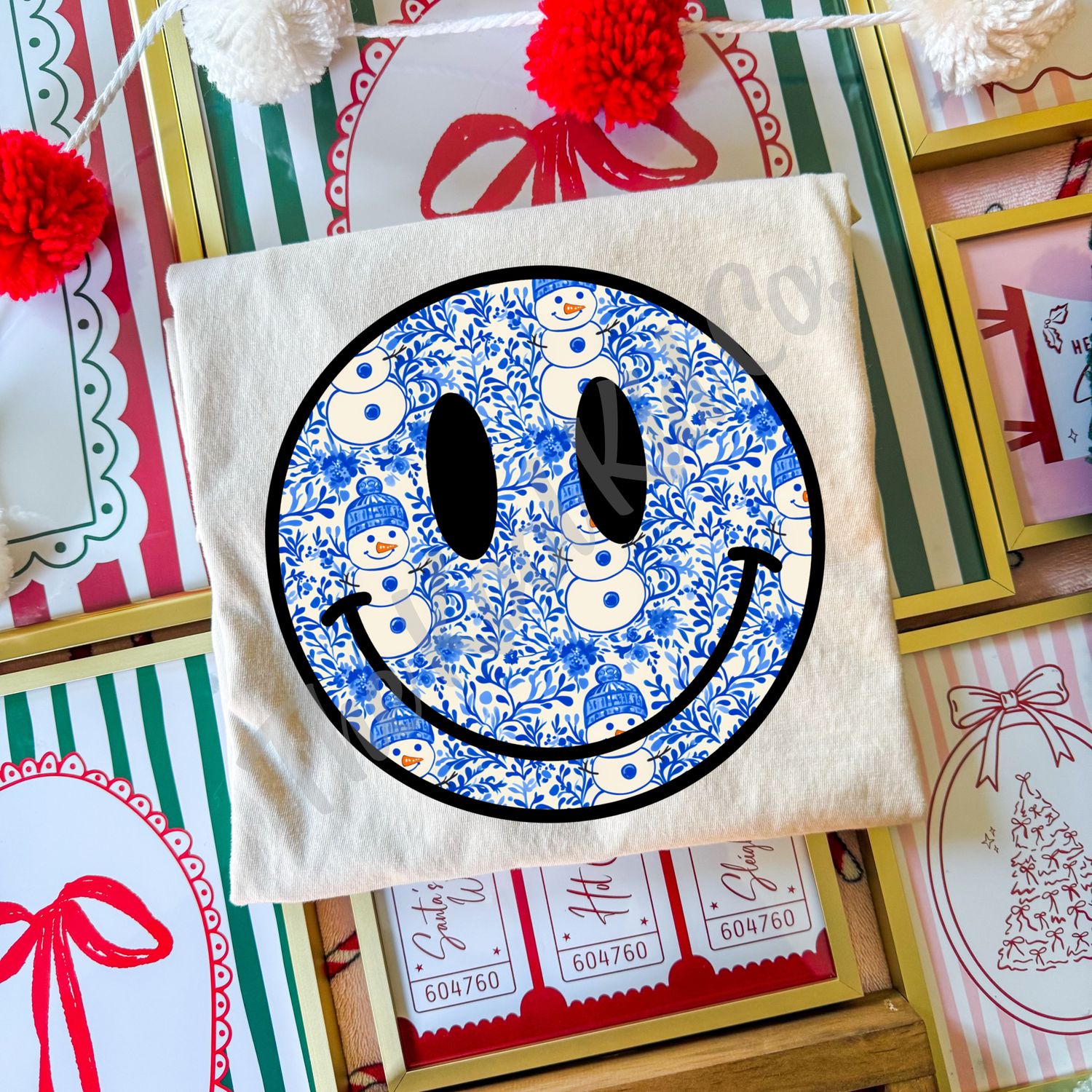 BLUE FLORAL SNOWMAN SMILEY FACE