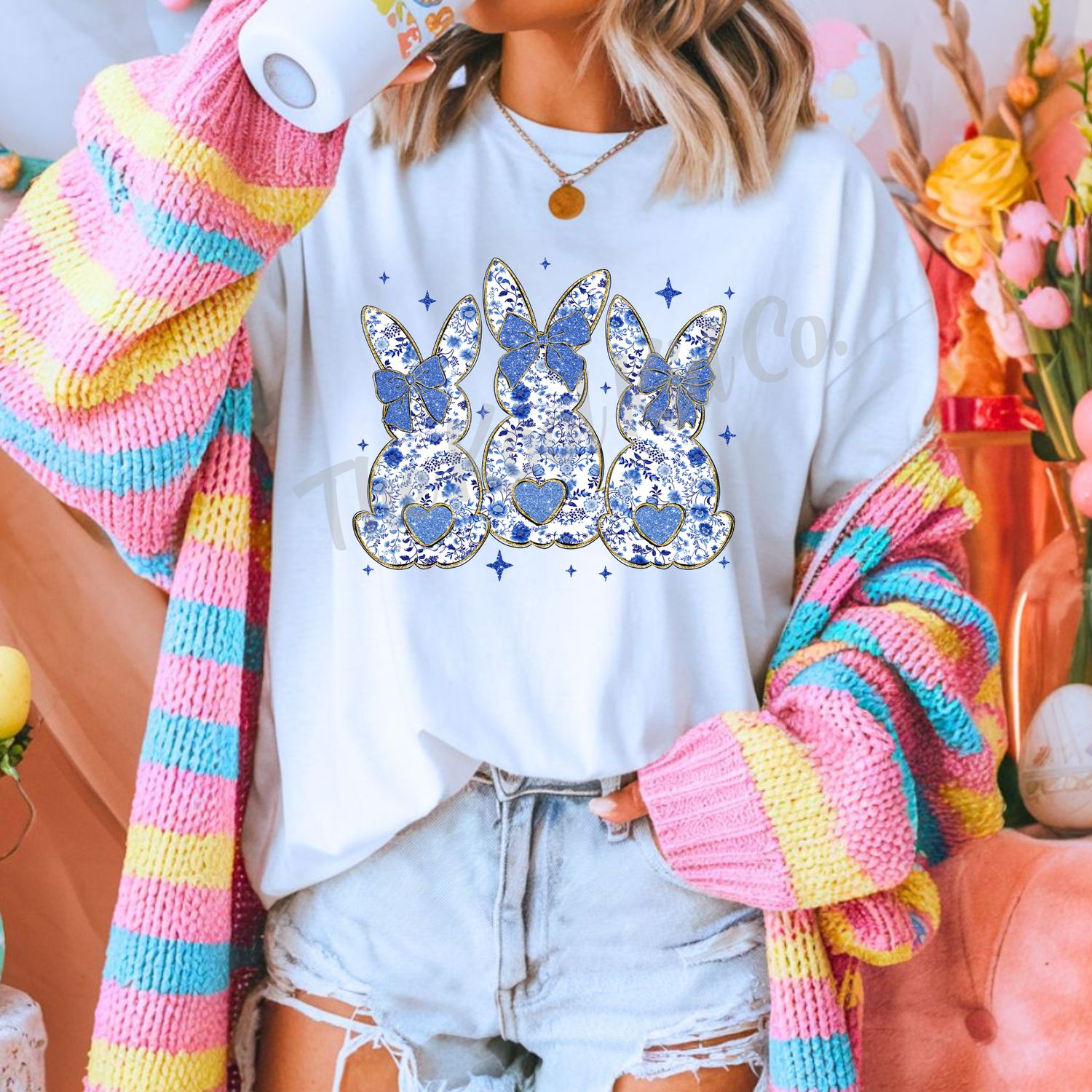 BLUE FLORAL CHINOISERIE BUNNY TRIO