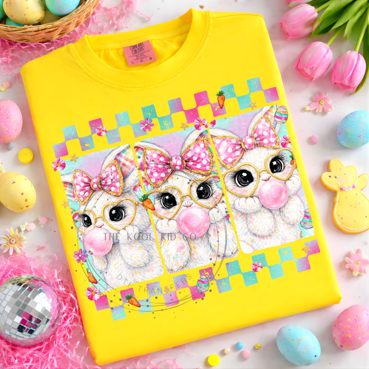 Checkered Blowing Bubble Easter Bunny Coquette