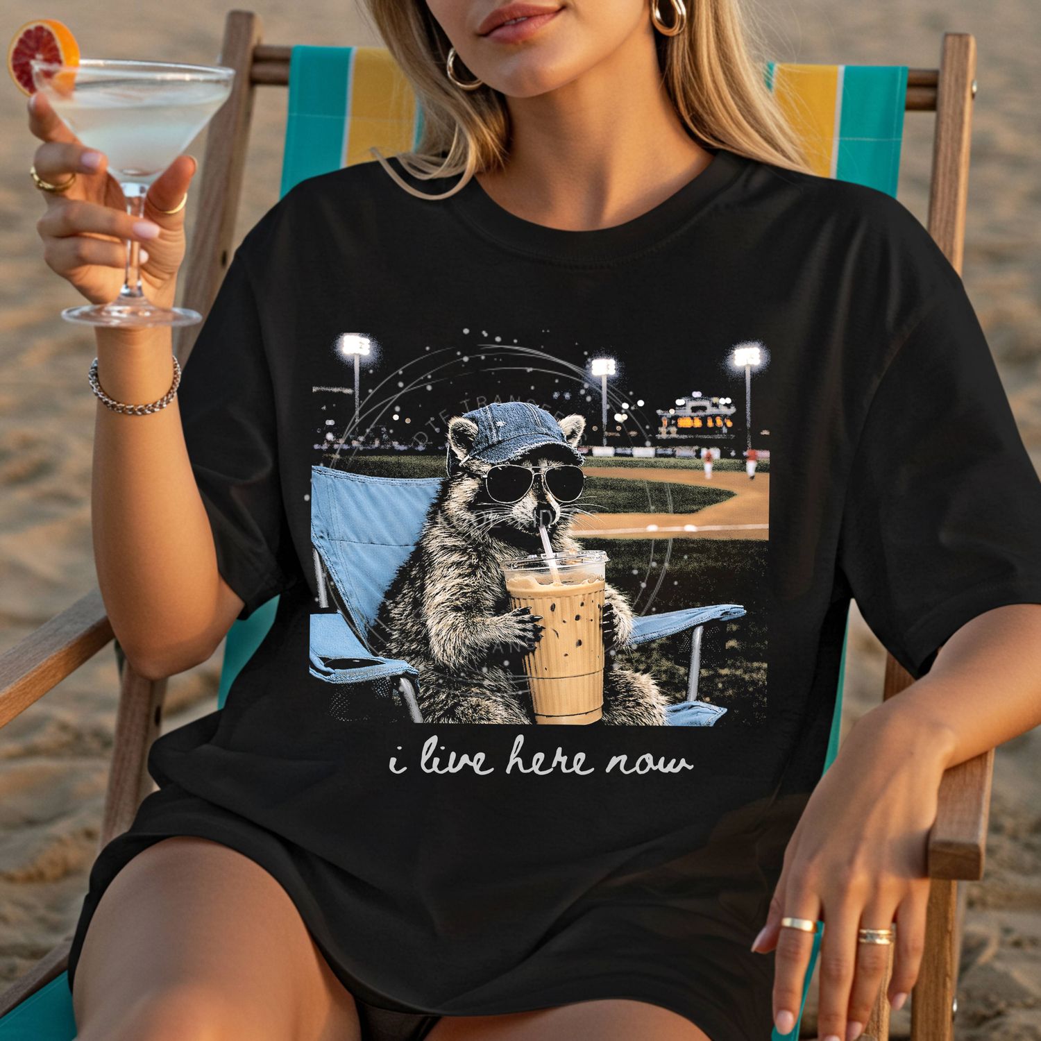 I Live Here Now Raccoon Coffee (Dark Shirts)