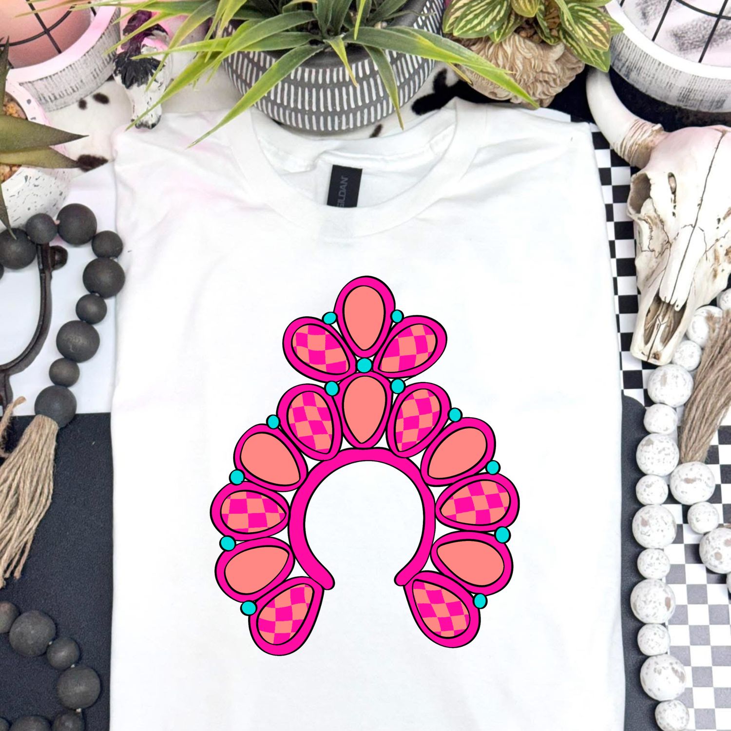 pink and orange checkered concho