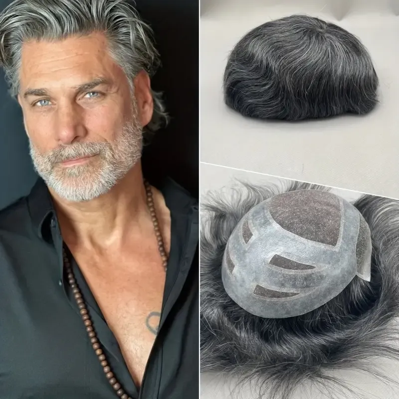 GL-EAGLE  Men&#39;S Breathable Lace Front Toupee, Body Wave Real Hair Topper with Full Hand-Tied Closure,